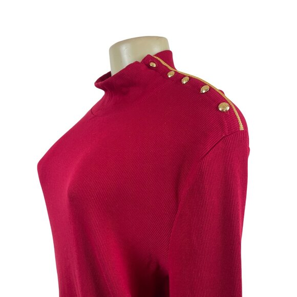 Ralph Lauren Red Long Sleeve Mockneck Top W/ Gold Button Detail Cotton Size 2X - Picture 4 of 7